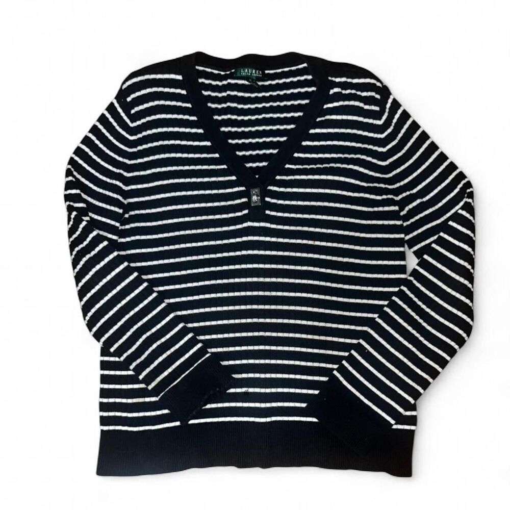 Lauren Ralph Lauren Woman's Black and White Striped Preppy Sweater SZ XL